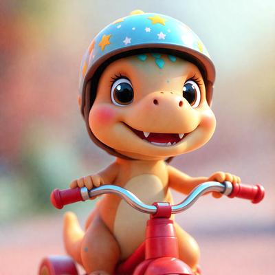 The primary subject of the image is a toy dinosaur, specifically a toy alligator, sitting on a toy motorcycle. The setting is a toy world, and the visual style is a digital art or illustration. The colors are predominantly red and orange, giving the image a warm and vibrant atmosphere.